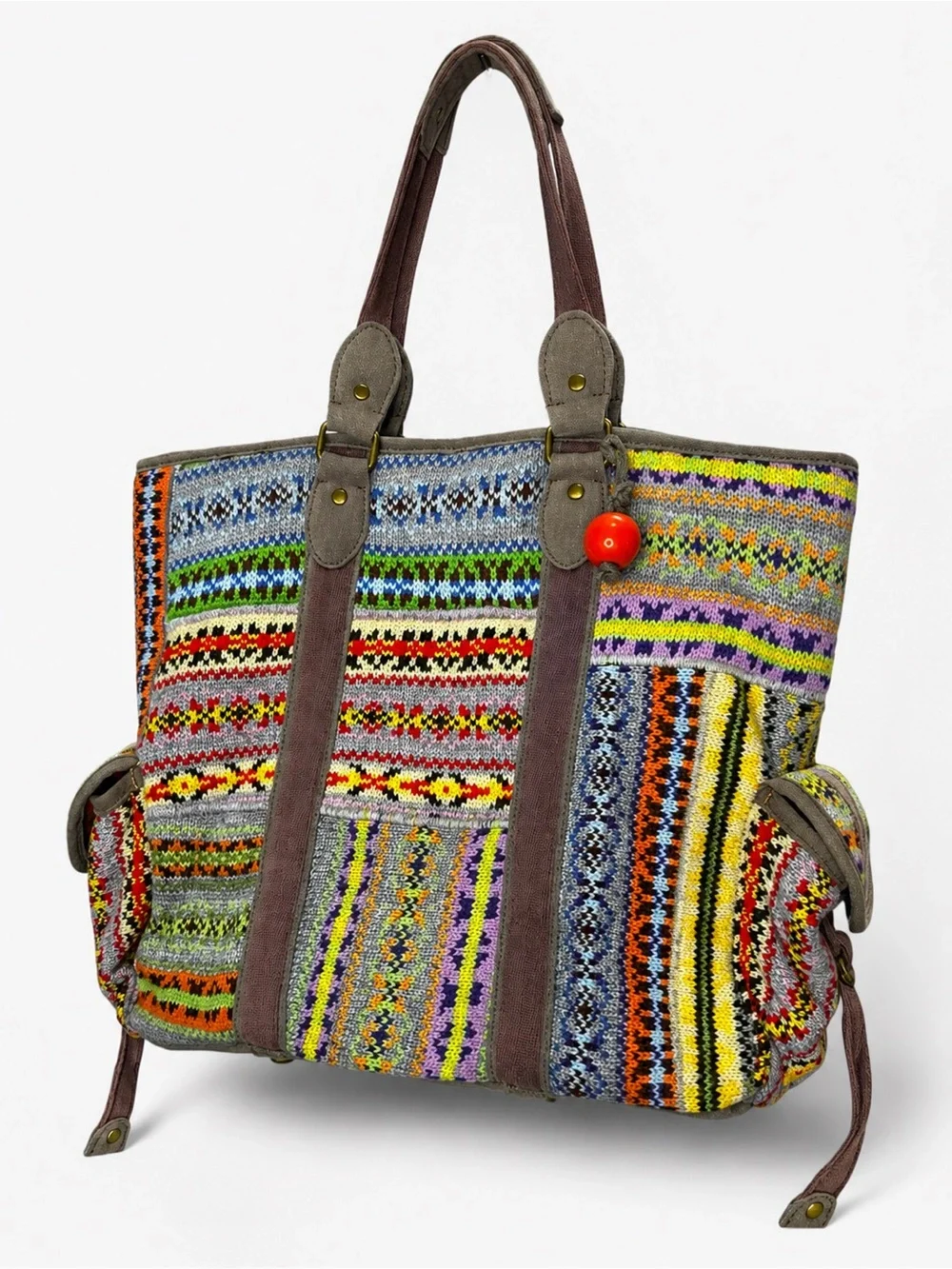 Free People Weekender Woven Tote Bag Boho Tribal Knit Orange Lined OS